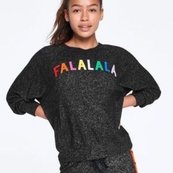 Pink Victoria's Secret Black Heathered Fa la la la Long Sleeve T-Shirt - Picture 1 of 5